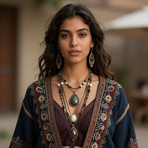Photograph of a young Indian woman with long, wavy dark hair, wearing a dark embroidered top, layered necklaces, and large earrings, standing