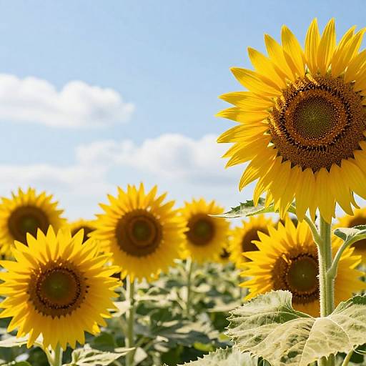 Photograph of bright yellow sunflowers with brown centers, standing tall in a field under a clear blue sky with scattered white clouds.