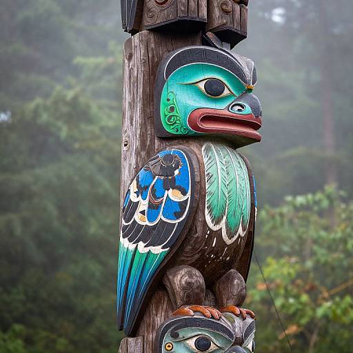 Photograph of a vividly colored, carved wooden bird with blue, green, and white feathers, perched on a totem pole in a mist
