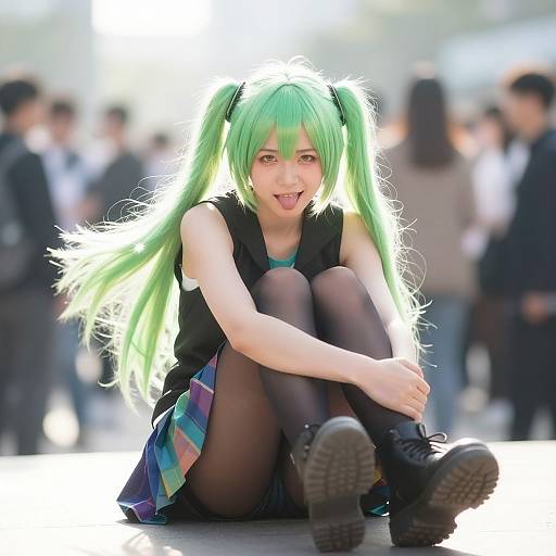 Photograph of a young person with long green twin-tails, black top, plaid skirt, black boots, and black tights, sitting with