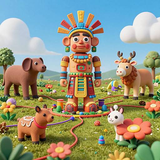 Colorful CGI image of a stylized indigenous man in traditional headdress, surrounded by toy animals and flowers in a vibrant, sunny meadow.