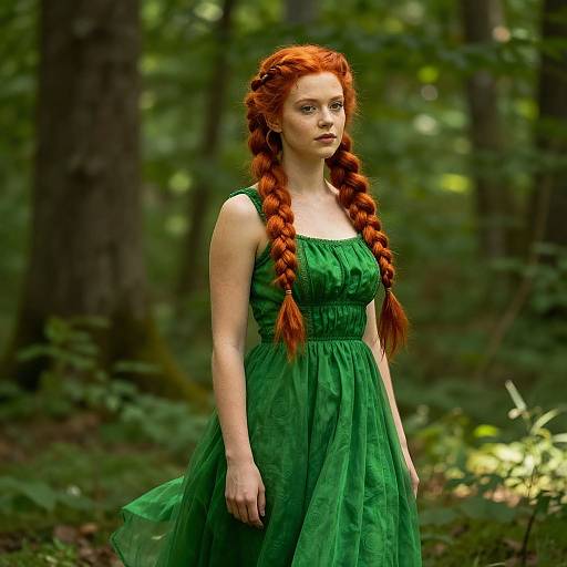 Photograph of a fair-skinned woman with long red braids wearing a green, sleeveless, flowing dress, standing in a lush, green forest
