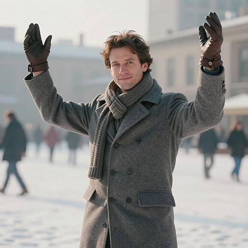 Photograph of a smiling, fair-skinned man with dark brown hair, wearing a gray coat, black gloves, and gray scarf, waving in a