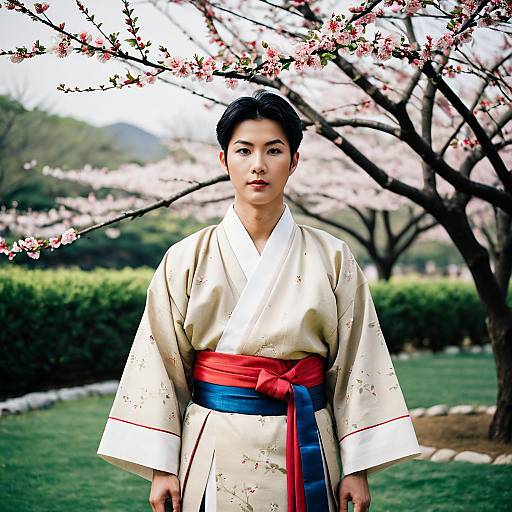 Young Man in Traditional Korean Hanbok with Cherry Blossoms