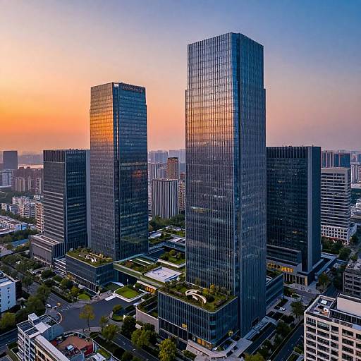 Photograph of a cityscape at sunset featuring three tall, reflective glass skyscrapers with orange and blue sky in the background. Urban buildings and streets