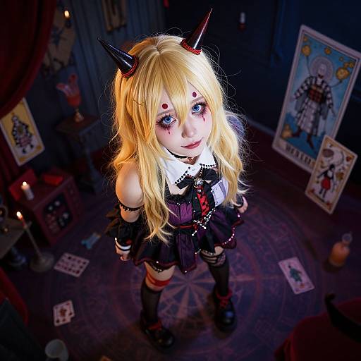 Photograph of a blonde anime-style girl with red horns, blue eyes, black gothic dress, and striped socks, standing in a dimly lit