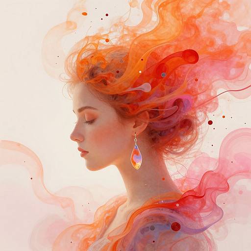 Digital artwork of a serene, fair-skinned woman with closed eyes, fiery orange-red hair blending into swirling, colorful smoke, wearing a large teard