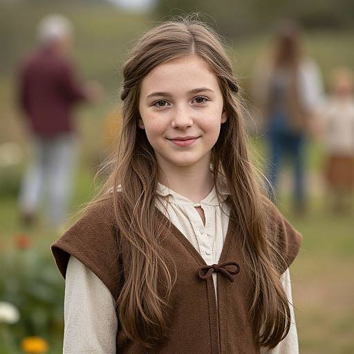 Photograph of a young girl with long brown hair, wearing a brown vest over a white blouse, smiling in a blurred outdoor garden setting with people in