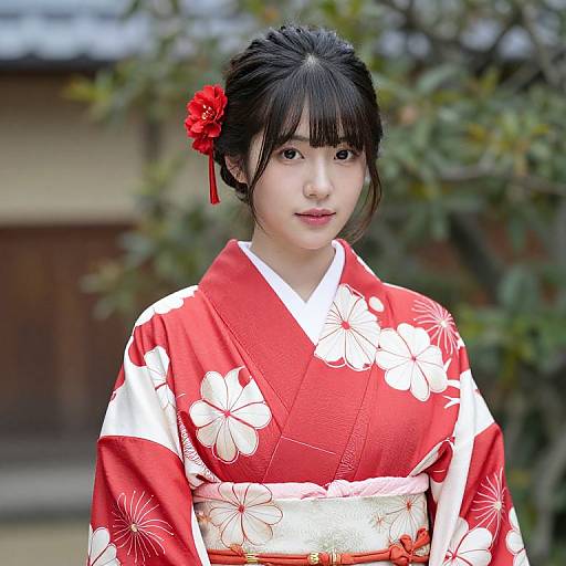 Photograph of a young East Asian woman with black hair in a red floral kimono, adorned with a red hairpin, standing outdoors against a blurred