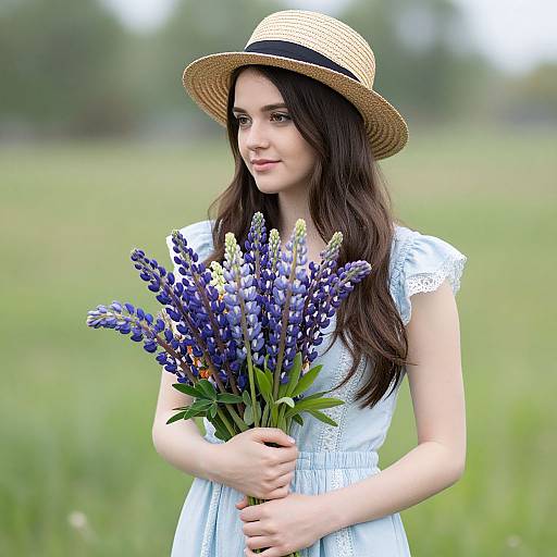 Photograph of a young woman with long brown hair, wearing a straw hat and white lace dress, holding a bouquet of purple lupines in a green