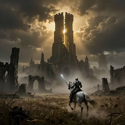 Digital artwork of a knight on a white horse, holding a glowing sword, approaching a sunlit, ruined castle amidst a misty, overcast sky