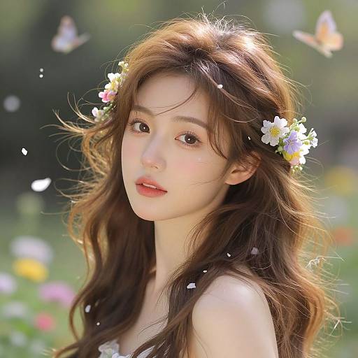 Digital artwork of a beautiful Asian woman with long, wavy brown hair, wearing a flower crown, surrounded by floating petals and butterflies in a sunlit
