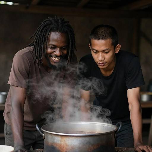 Candid Moment in Rustic Kitchen Setting