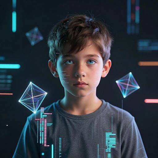 Photograph of a young boy with short brown hair, blue eyes, and a gray shirt, standing against a dark, neon-lit background with floating