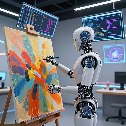 Robot Painting Abstract Art in High-Tech Studio
