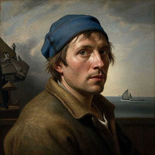 Digital painting of a rugged, fair-skinned man with brown hair, blue cap, and brown coat, gazing pensively at a distant sailing ship