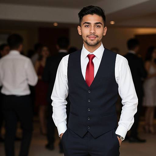 Photograph of a handsome South Asian man with short black hair, trimmed beard, wearing a white shirt, black vest, and red tie, standing confidently