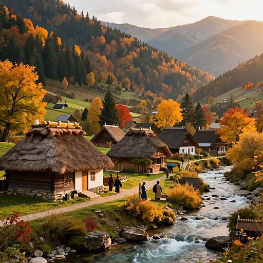 Photograph of a picturesque, autumnal alpine village with thatched-roof huts, colorful fall foliage, a flowing river, and people walking