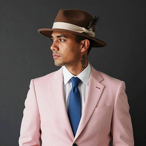 Photograph of a young man with medium brown skin, wearing a pink suit, white shirt, blue tie, brown fedora with feather, and visible