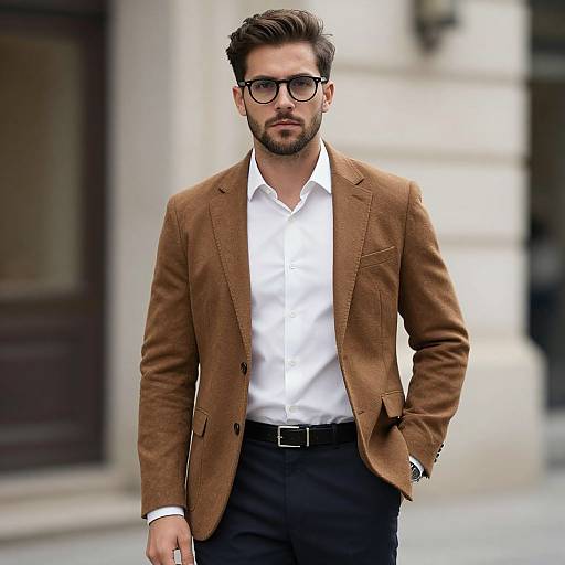 Photograph of a handsome, bearded man with dark hair and glasses, wearing a brown blazer, white shirt, and black pants, standing confidently