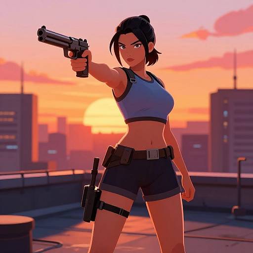 Digital artwork of a confident woman with black hair in a ponytail, wearing a blue crop top, black shorts, and a gun belt, pointing a