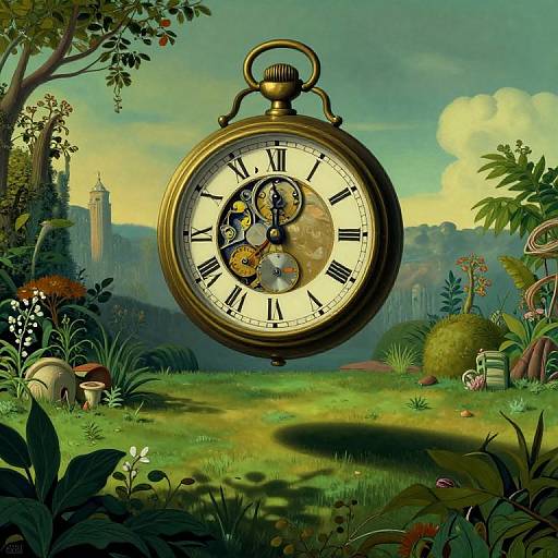 Digital art of a floating, antique pocket watch with exposed gears, set in a vibrant, detailed garden with lush greenery and a distant castle.