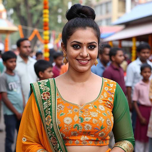 Photograph of a smiling Indian woman with dark hair in a bun, wearing an orange floral blouse and green saree, standing in a crowded street festival