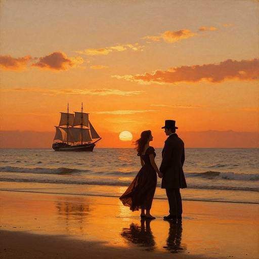 Silhouetted couple holding hands on beach at sunset, with a ship sailing in the background, reflecting vibrant orange and yellow sky.