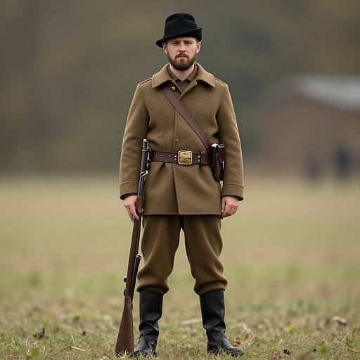 Photograph of a bearded man in a brown 19th-century military uniform, black hat, holding a rifle, standing in a grassy field