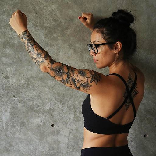 Photograph of a tattooed woman with black hair in a bun, wearing black glasses and sports bra, flexing her floral tattooed arm against a