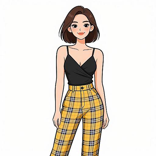 Digital illustration of a young woman with short brown hair, wearing a black spaghetti strap top and yellow plaid high-waist pants, standing against a
