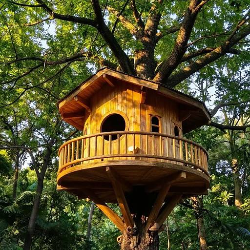 Photograph of a wooden treehouse with a circular balcony, nestled high in a large, leafy tree, bathed in warm sunlight.