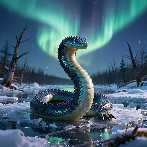 Photorealistic digital art: shimmering blue-scaled snake with glowing eyes in snowy, icy landscape, under vibrant green and blue aurora borealis