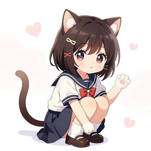 Anime-style digital drawing of a cute, brown-haired cat-girl in a navy sailor uniform, squatting with a pensive expression, pink hairpins,