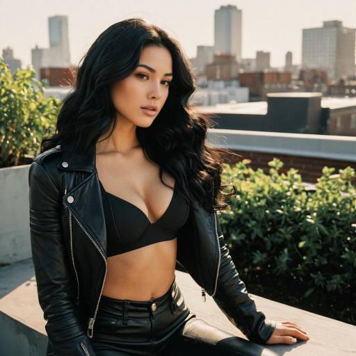 Stylish Woman in Black Leather on Rooftop Garden