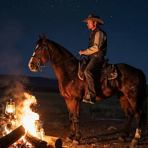 Photograph of a bearded cowboy in a brown hat and vest, riding a dark brown horse, by a glowing campfire at night.