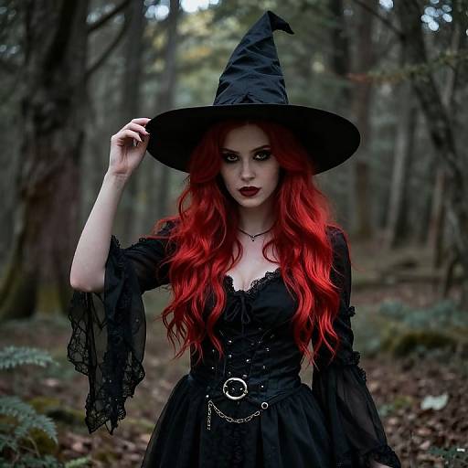 Photograph of a pale-skinned, red-haired woman in a black witch costume with lace sleeves and a pointed hat, standing in a forest. Her