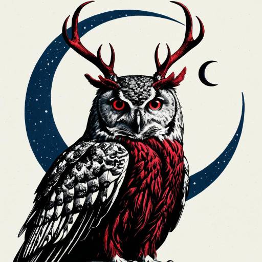 Owl with Antlers and Crescent Moon