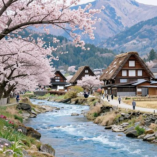 Photograph of a picturesque Japanese village with cherry blossom trees, traditional thatched-roof houses, a flowing river, and mountainous background. People stroll