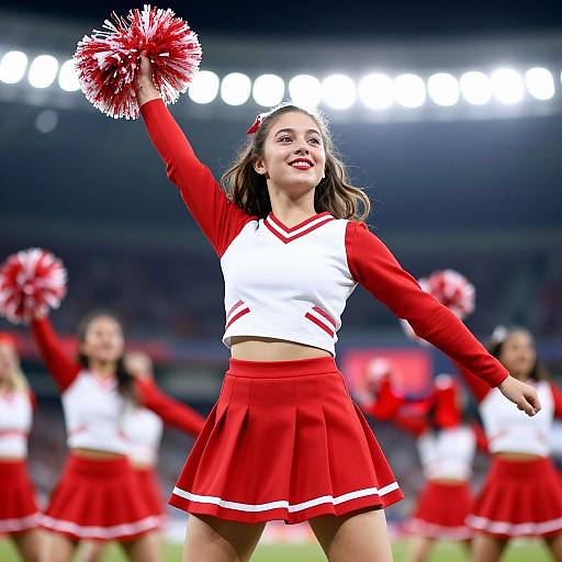 Photograph of a young female cheerleader with long brown hair, wearing a red and white crop top and skirt, holding red pom-poms, smiling