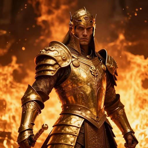 Photorealistic CGI of a fierce, armored warrior with golden, intricately detailed armor standing amidst intense, fiery flames. His expression is resolute and