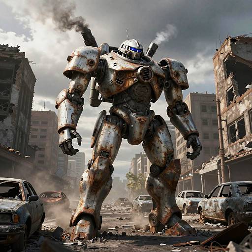 Photorealistic CGI: Rusty, towering robot with blue visor stands in a war-torn, smoke-filled urban street, surrounded by damaged cars