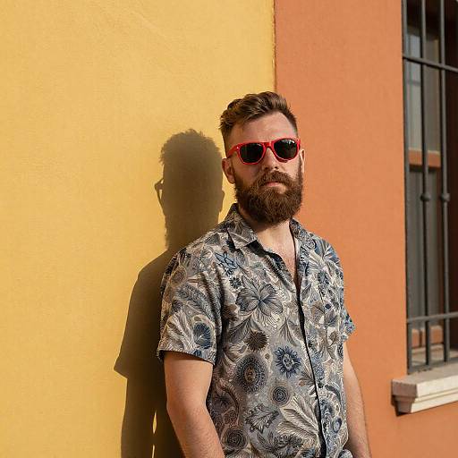 Bearded Man with Red Sunglasses by Colorful Wall