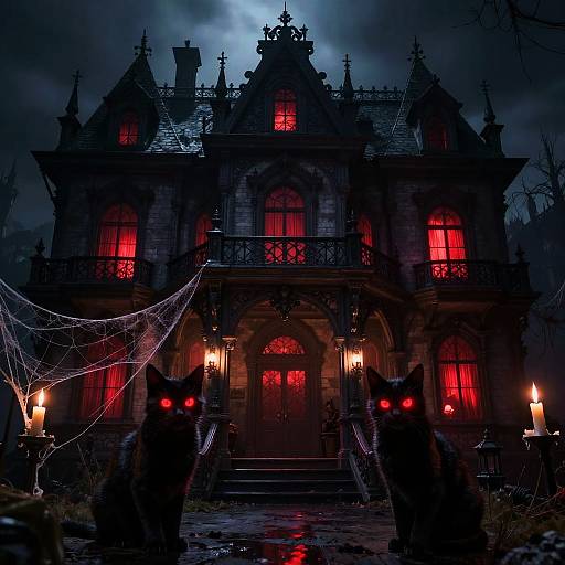 Glowing Cats in Gothic Mansion