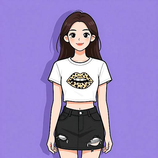 Digital anime-style drawing of a smiling young woman with long brown hair, wearing a white crop top with a leopard print design, and black shorts with ripped