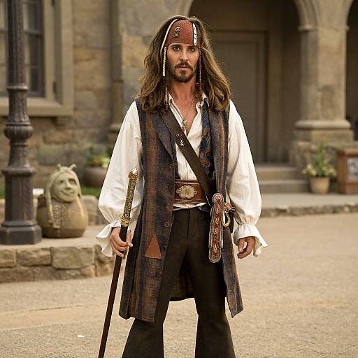 Photograph of a long-haired, bearded man in a white shirt, black vest, and pirate headband, standing in a stone courtyard. Background