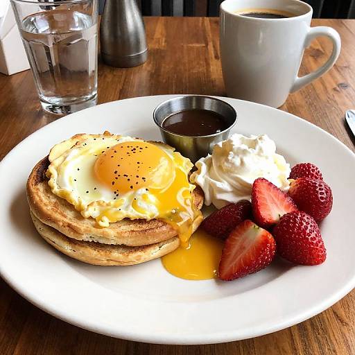 Photograph of a white plate with sunny-side-up eggs on toast, whipped cream, sliced strawberries, and syrup, on a wooden table.