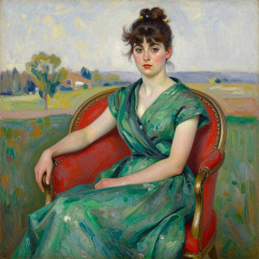 Impressionist painting of a fair-skinned woman with dark hair in a bun, wearing a green dress, seated on a red chair in a grass