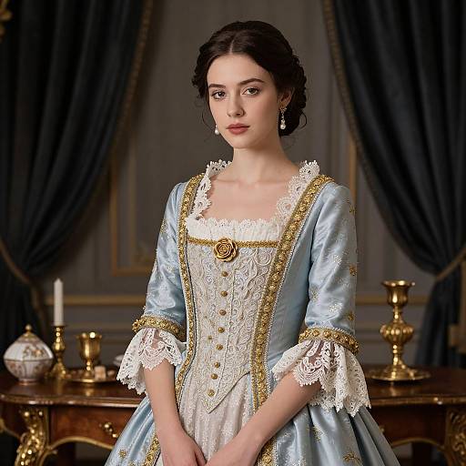 Photograph of a young woman with fair skin and dark hair, wearing a blue and white, intricately embroidered Renaissance-style gown with gold trim, standing