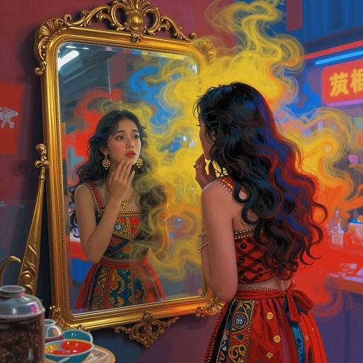 Photograph of a woman with long, wavy black hair, wearing a colorful, embroidered red dress, gazing at herself in an ornate gold